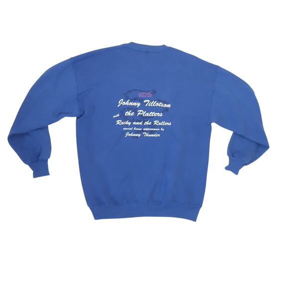 Vintage 90s Johnny Tillotson Blue Classic Car Graphic Sweatshirt XL - Picture 2 of 5